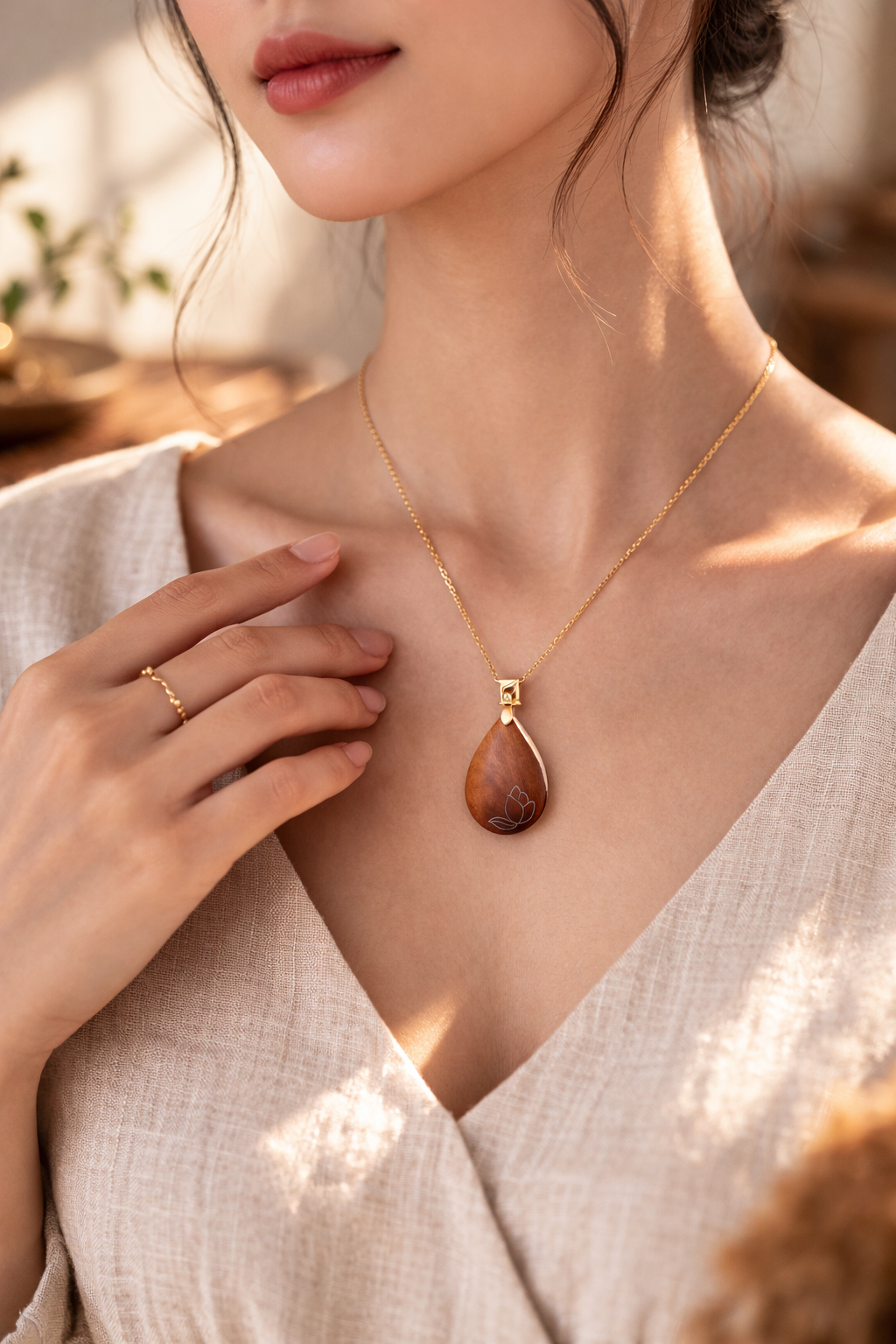 Natural Sandalwood Lotus Pendant Necklace