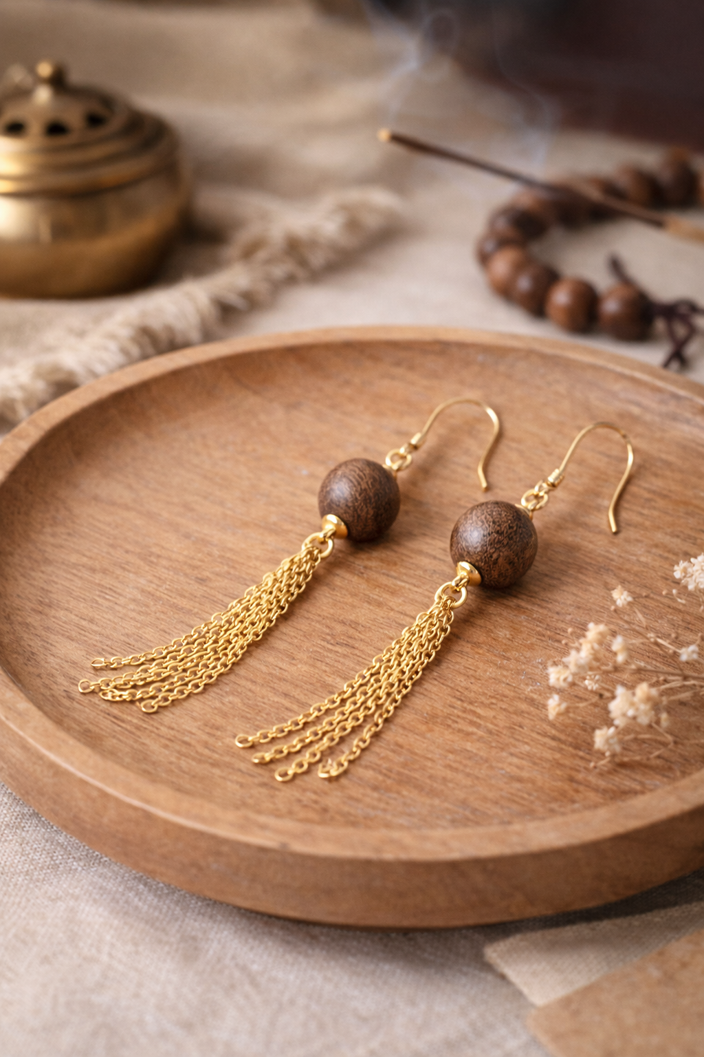 Natural Agarwood Tassel Drop Earrings