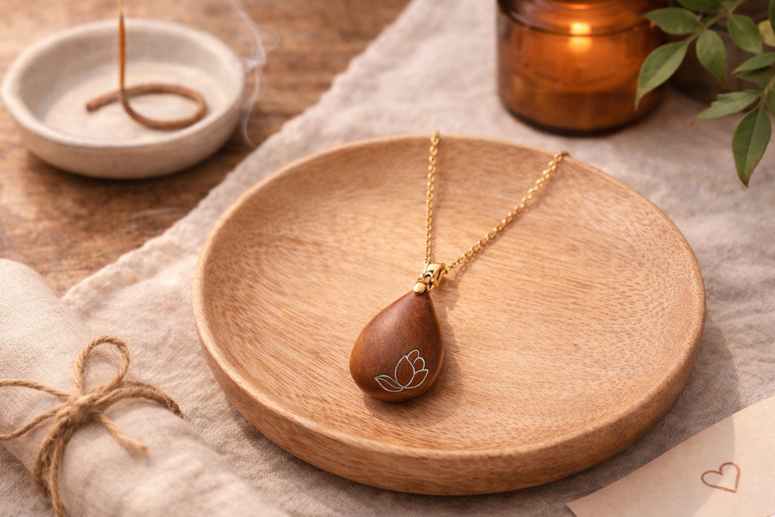 Natural Sandalwood Lotus Pendant Necklace